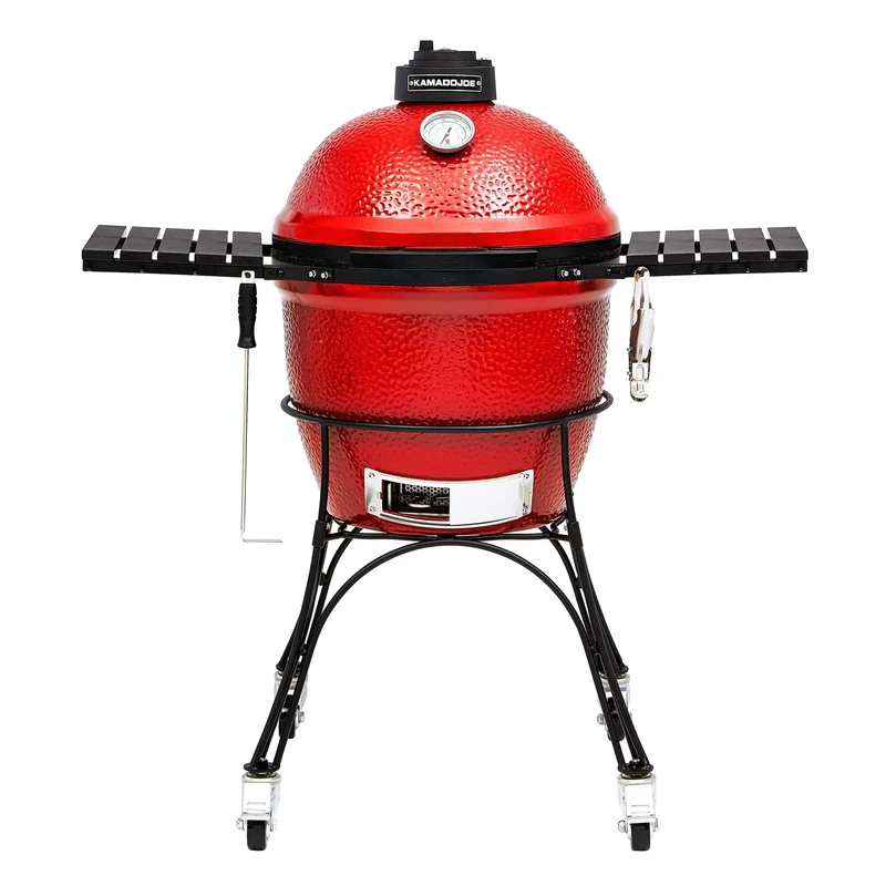 Kamado Joe KJ23RH Classic I Smoker BBQ, Outdoor Charcoal Barbecue Grill In Red With Cast Iron Cart, Heat Deflectors And Ash Tool