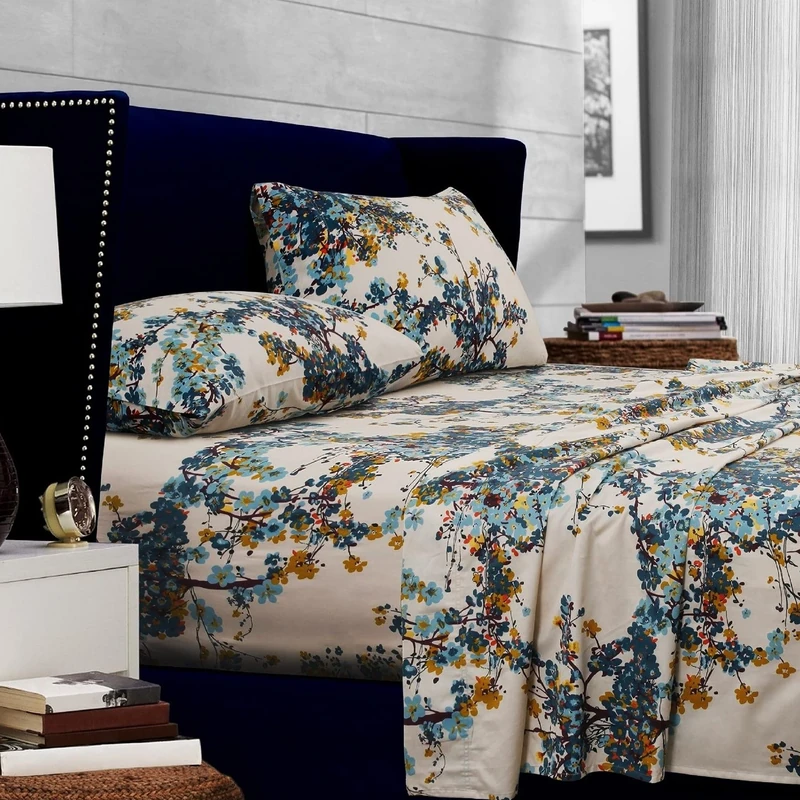 Tribeca Living Casablanca Floral Printed Deep Pocket Sheet Set, Queen