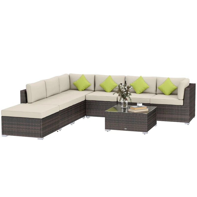 Outsunny 8 Piece Rattan Corner Sofa Set with Wide & Deep Seat, Assembled Aluminium PE Rattan Garden Furniture Set with Thick Cushions and Glass Top Table for Outdoor, Conservatory, Mixed Brown