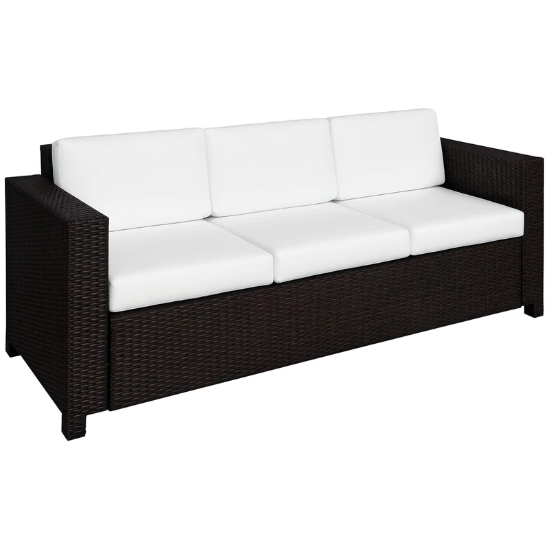 Outsunny 3 Seater Rattan Sofa with 10 cm Thick Padded Cushion, All-Weather PE Wicker Weave Garden Three-seater Bench with Armrests, Brown