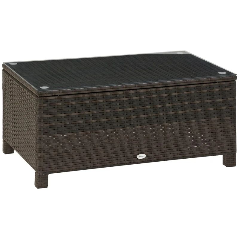 Outsunny Outdoor PE Rattan Coffee Table, Rectangular Garden Tea Table w/Tempered Glass Top, Mixed Brown