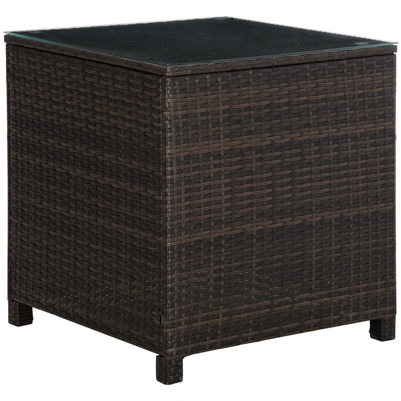 Outsunny Patio PE Rattan Side Table, Square Outdoor Coffee Table w/Tempered Glass Top, Mixed Brown