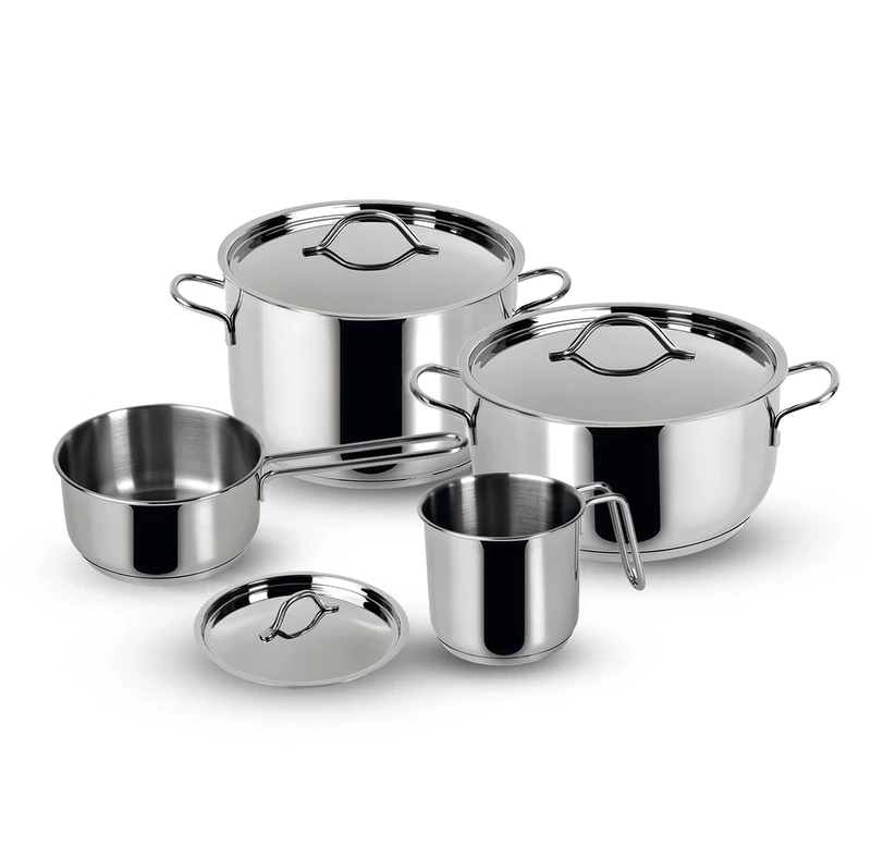 Lagostina Every Stainless Steel Cookware Set, 7-Piece Set, Two-Handle Saucepan 18 cm, Deep Casserole 22 cm, Milk Pan 12 cm, Deep Casserole 14 cm Long Handle and Lids 14.18 and 22 cm - Image 1