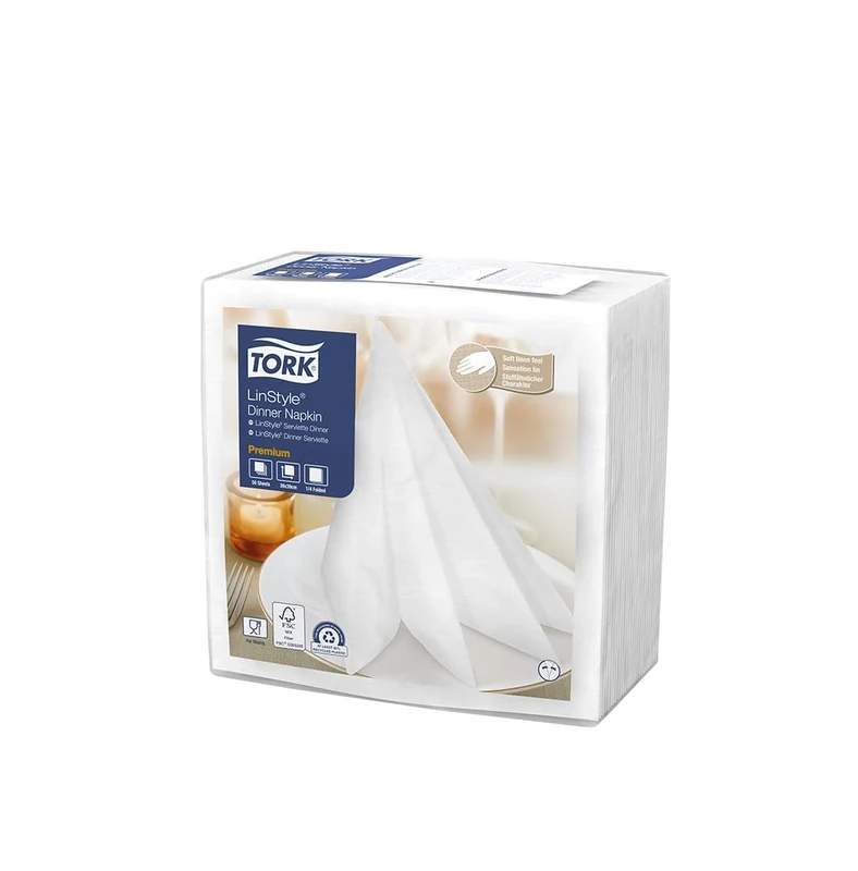 Tork 478711 Premium Linstyle White Dinner Napkin / 1 Ply Absorbent Unprinted Serviette in White / 12 x 50 Sheets (WxL: 19.5cm x 19.5cm)