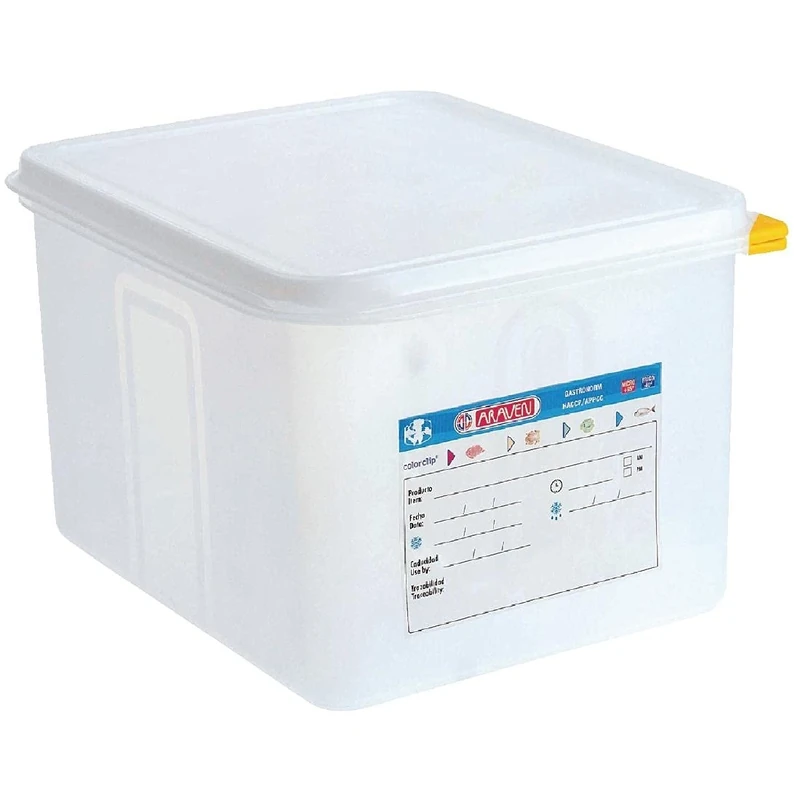 Araven Food Container 12.5Ltr 12.5 litre (1/2 GN). 200(H) x 325(W) x 265(D)mm. Pack quantity: 4