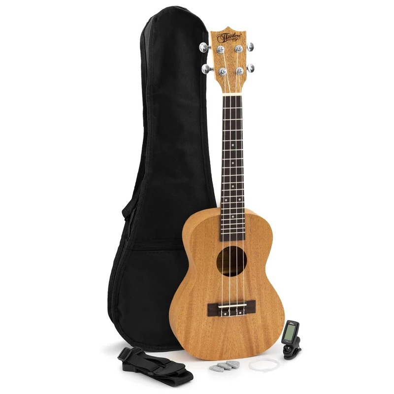 Theodore T-U-04-NT Concert Ukulele – Mahogany Uke with Gig Bag, Strap, 3 Felt Picks and Spare Strings Complete Starter Pack