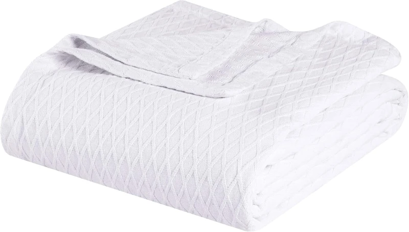 Superior Diamond Weave Blanket, 100% Cotton Cover for Home, Couch, Bed, Soft, Warm Blankets, Boho Aesthetic, Comfy, Cozy, and Cute Covers, Decorative Bedding Essentials, King, White