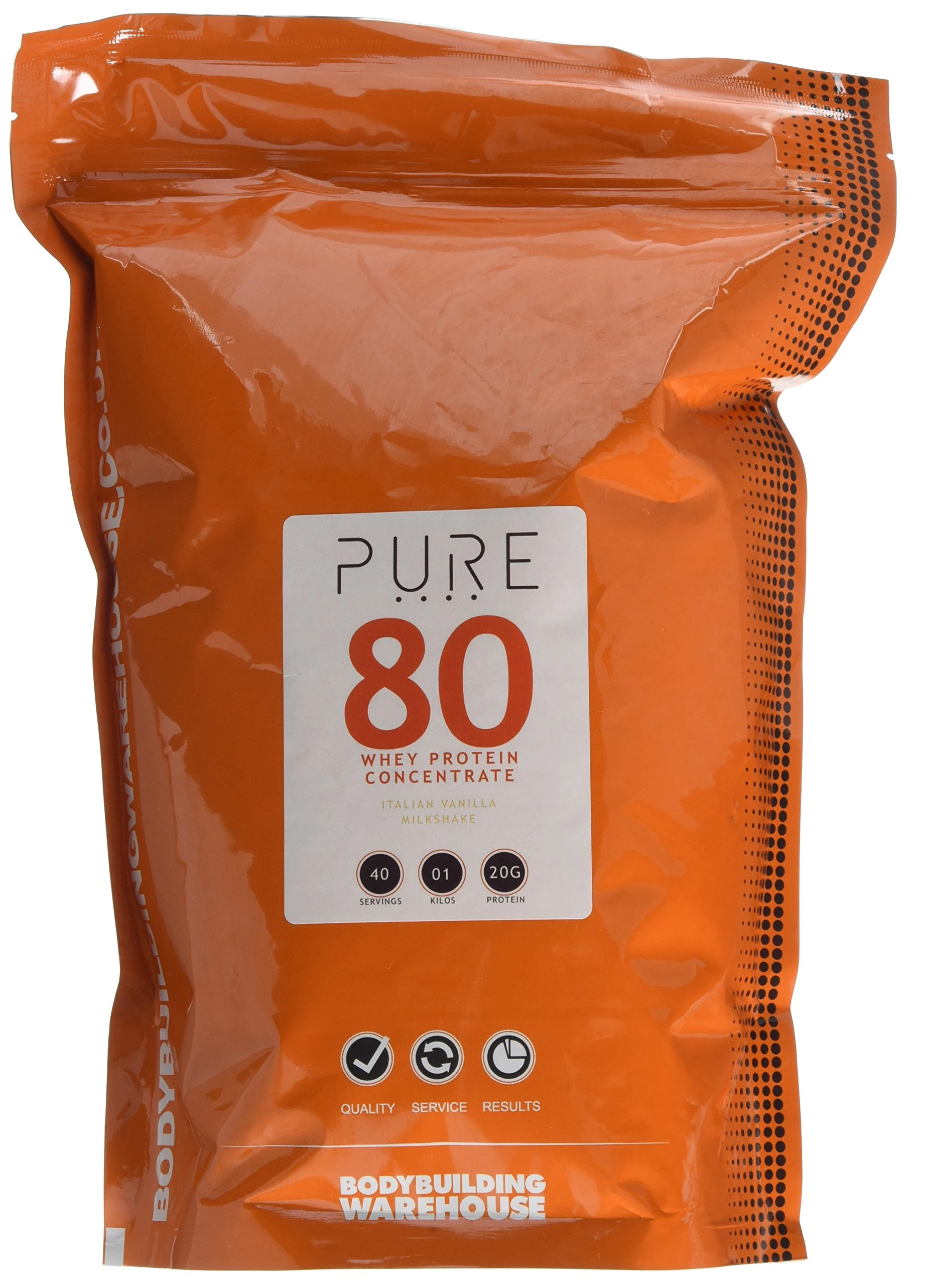 Bodybuilding Warehouse, Pure Whey Protein Concentrate 80 - Premium Grass Fed, Low Carb, Low Fat Supplement - 20g Protein Per Scoop (Italian Vanilla Milkshake, 1kg)