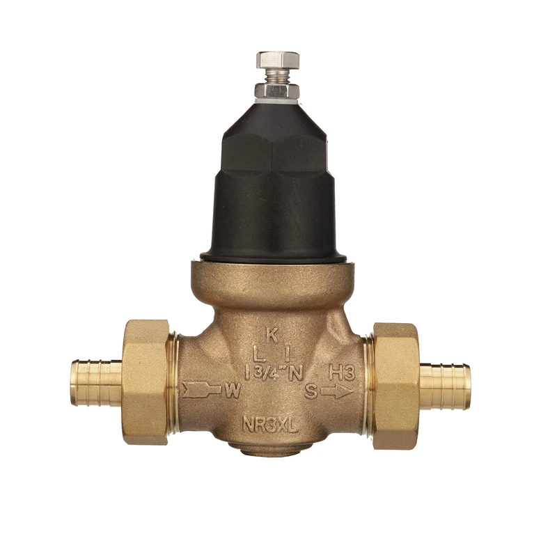 Zurn 34-NR3XLDUPEX Lead Free Plastic Bell Water Pressure Reducing Valve, 3/4" Double Union FNPT with Male Barb Pex Connection, Bronze