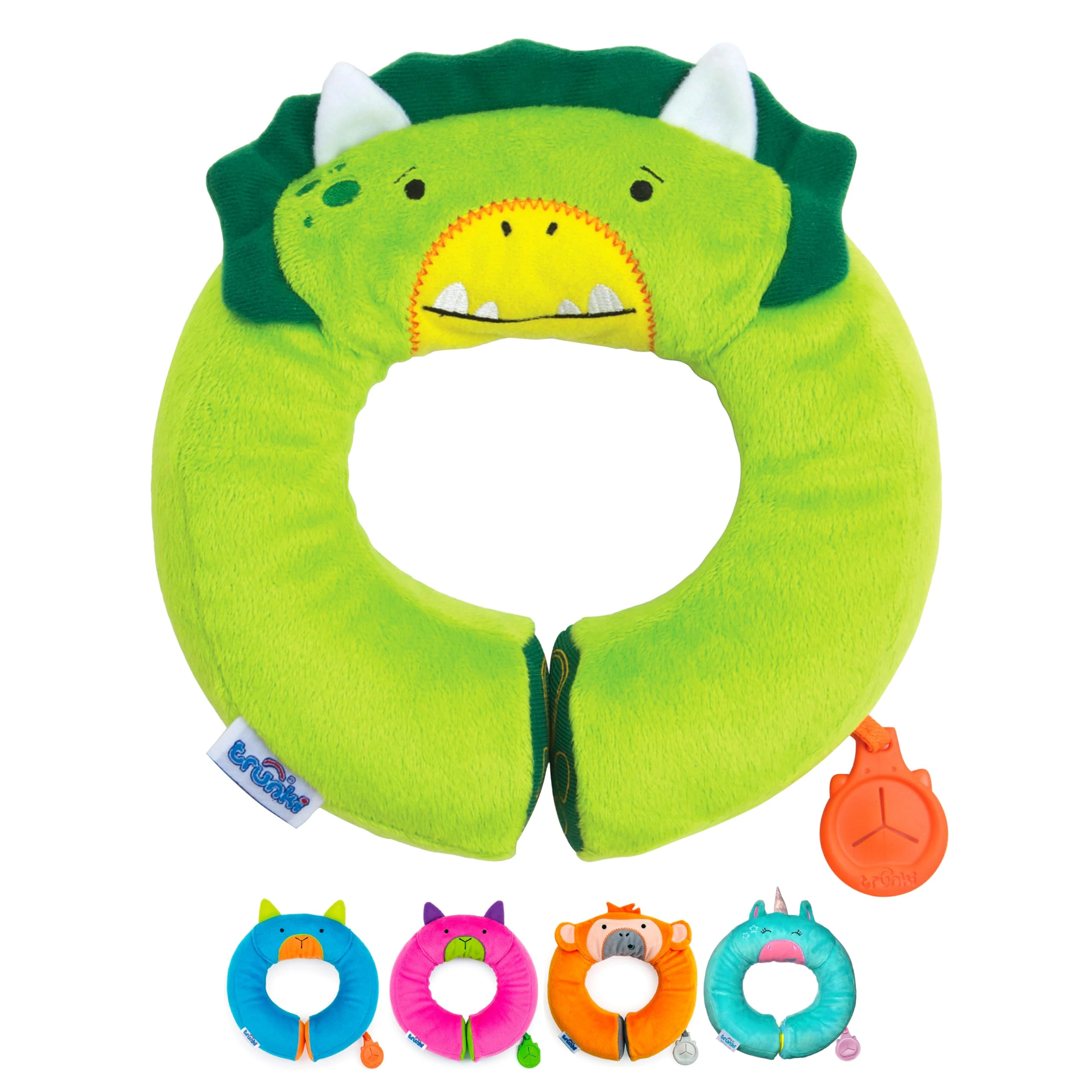 Trunki Kid's Travel Neck Pillow And Chin Rest | Support Sleepy Heads in the Car Seat, Plane, Bike or Pram | Yondi SMALL Dudley Dinosaur (Green)