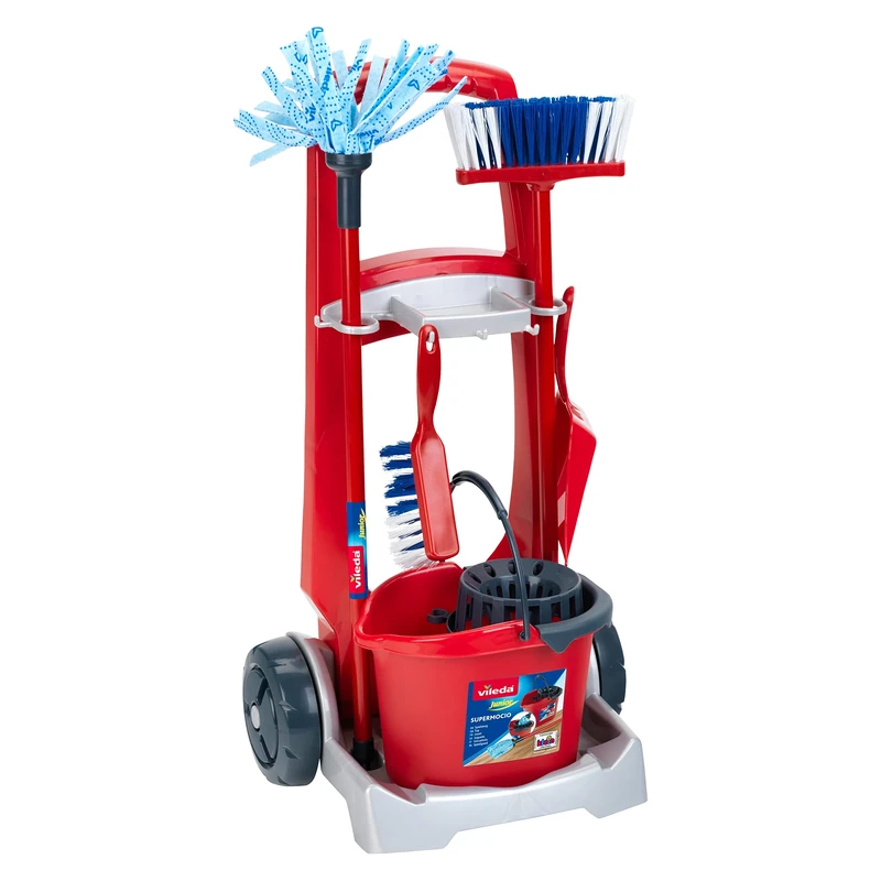 Theo Klein 6741 Vileda Broom Trolley I With Mop, Bucket, Broom and Much More I Vileda Design I Dimensions of Trolley: 29 cm x 24 cm x 60 cm I Toy for Children Aged 3 Years and up