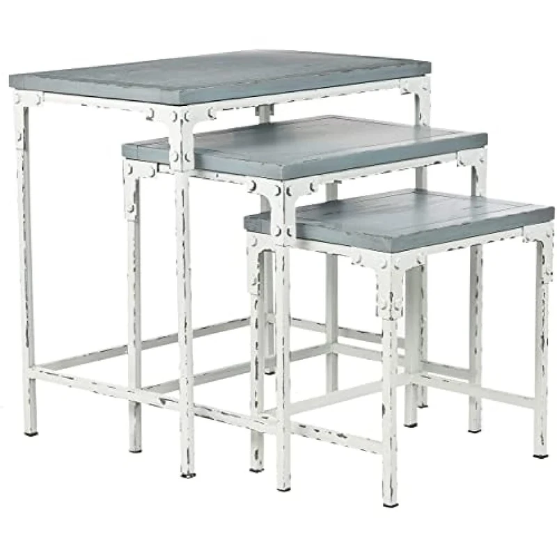 SAFAVIEH Bohemian Wooden Stacking Tables, in Slate Green and White Smoke