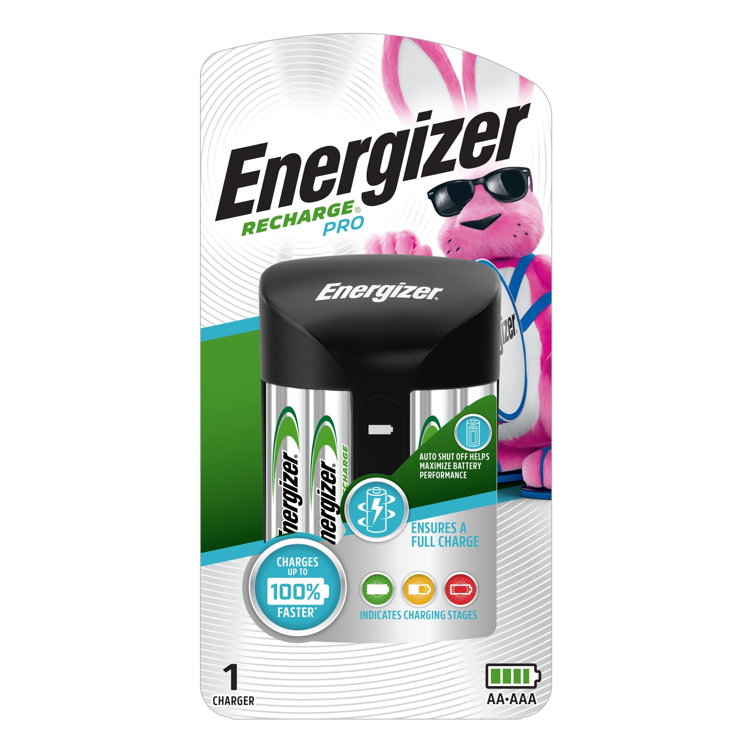 Energizer Rechargeable AA and AAA Battery Charger (Recharge Pro) with 4 AA NiMH Rechargeable Batteries, Auto-Safety Feature, Over-Charge Protection
