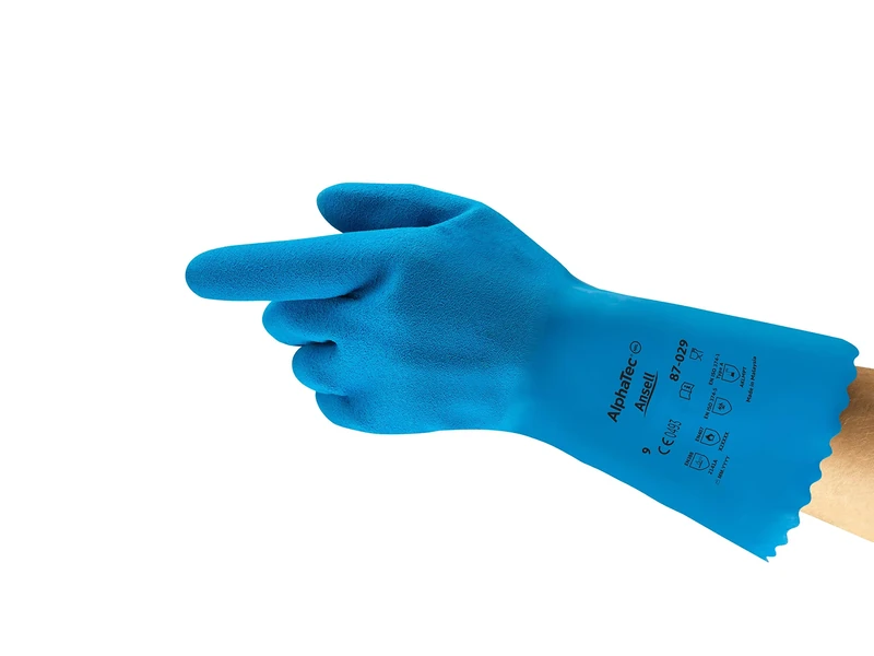 Ansell AlphaTec 87-029 Multi-Purpose Work Gloves, Chemical Resistant, Food Contact Approved, Industrial PPE, Safety Glove in Latex, Men Women, Reusable, Blue, Size L (12 Pairs)