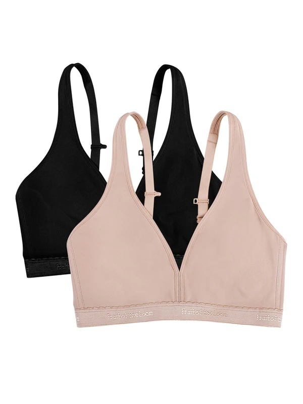 Fruit of the Loom Women's Wirefree Cotton Bralette Bra, Opaque, Black Hue/Sand, 42C (Pack of 2)