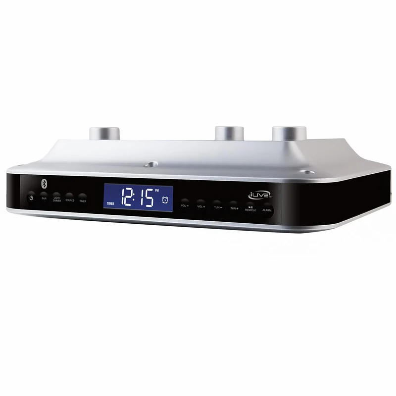 iLive Under The Counter Wireless Stereo Bluetooth Speaker, Digital Alarm Clock, Kitchen Timer, Dual HD Speakers, FM Radio LCD Display, LED Light, Easy Installation, Sleek Modern Home Décor - Image 1