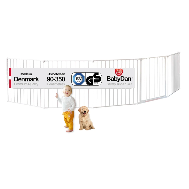 BabyDan Flex XXL, 90-350 cm, Hearth Gate/Stair Gate/Room Divider/Fire Surround, White, Made in Denmark - Baby Gate/Safety Gate (Pet Gate/Dog gate/Dog playpen)