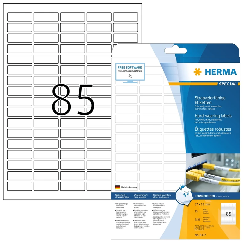 HERMA Self Adhesive Film Labels, 2125 Labels, 37 x 13 mm, White, Weatherproof, 25 Sheets