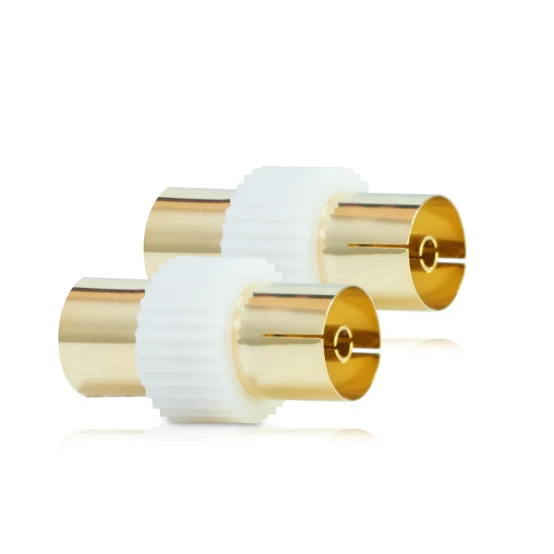 CableMountain Coaxial TV Aerial Connector | 24K Gold Plated Female to Female Coaxial Cable Connectors, Aerial Adapter for RF Coax Cable, Free View | White (Pack of 2)