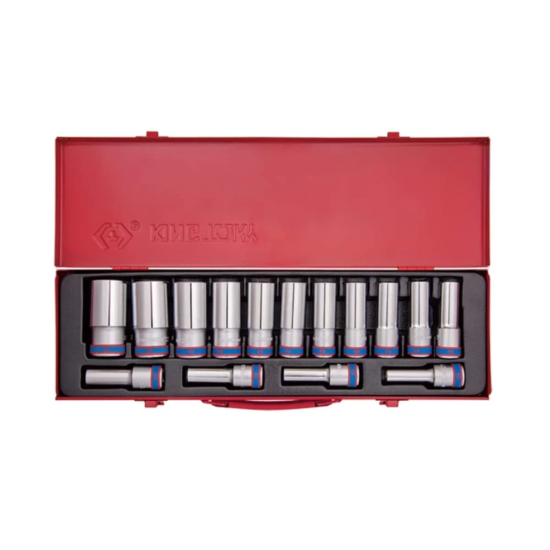 KING TONY 4215MR Deep Socket, 12/14/16/19/21/24/26/27/30/32 mm, 1/2-inch, Set of 15