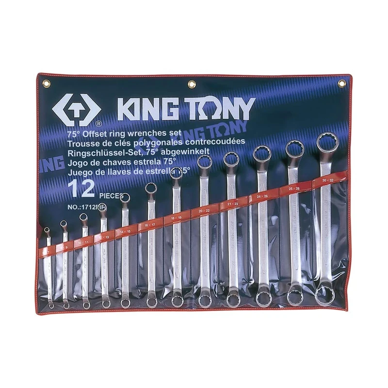 KING TONY 1710MR 75 Degrees Offset Ring Wrench Set with Nylon Pouch Bag, 6 mm - 32 mm Size, 10 Piece