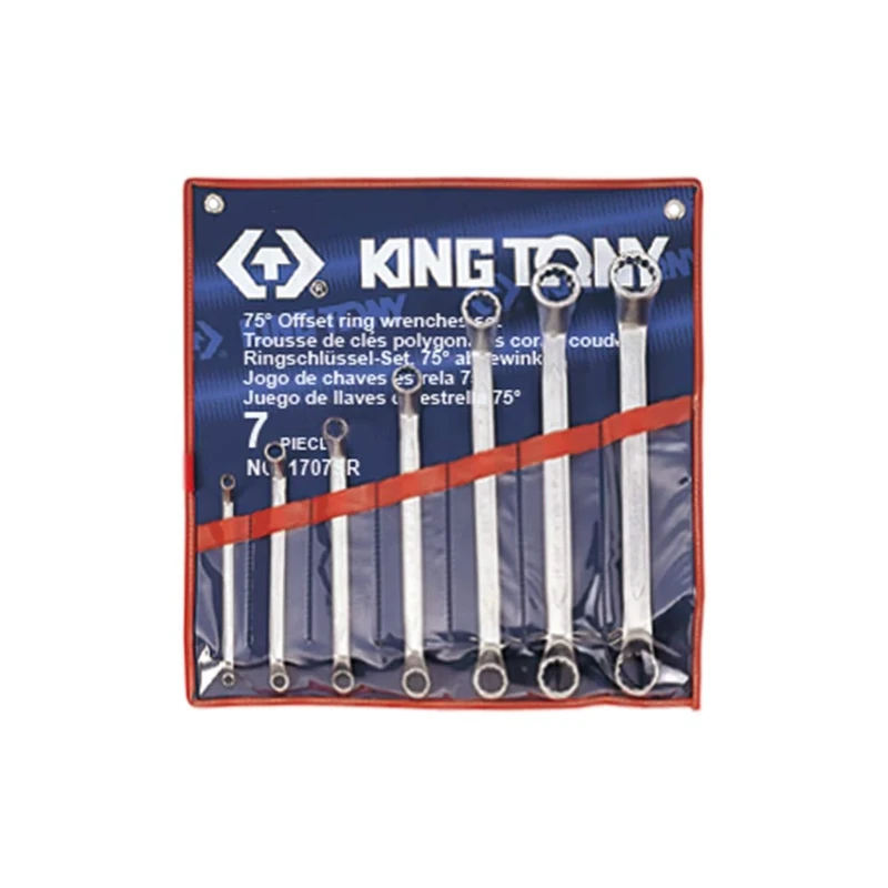 KING TONY 1707SR 75 Degrees Offset Ring Wrench Set with Nylon Pouch Bag, 1/4 Inch - 1-1/8 Inch Size, 7 Piece