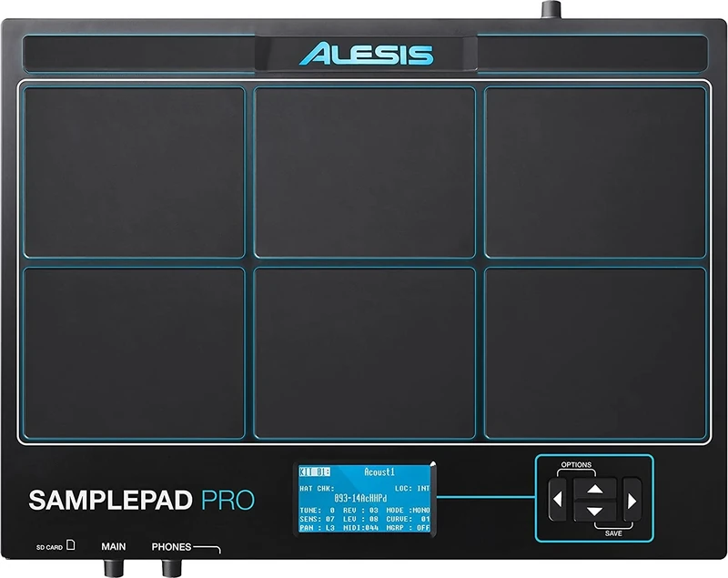 Alesis SamplePad Pro - 8-Pad Percussion and Sample-Triggering Instrument with Rubber Pads, Active Blue LED Illumination, Expansion Options for 2 Additional Triggers and 200+ Built-In Sounds