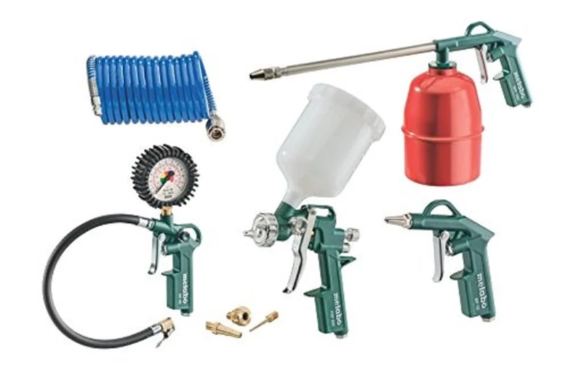 Metabo 601586000 LPZ 7 Set: Compressed Air Tool Set: Blow gun, tyre inflator including adaptor and ball needle, paint spray gun, PA spiral hose