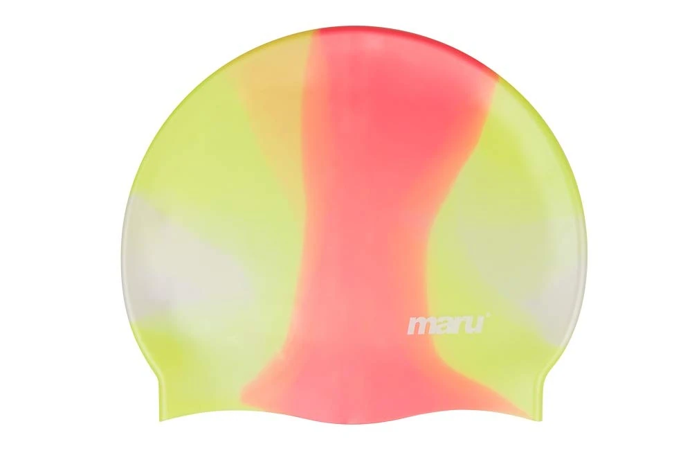 MARU Swimming Hat, 100% Silicone Swim Cap, Unisex Adult Swimming Cap, Lightweight Swimming Caps for Men and Women, Comfortable and Durable Swim Hats Designed in the UK (Yellow/Red, One Size)