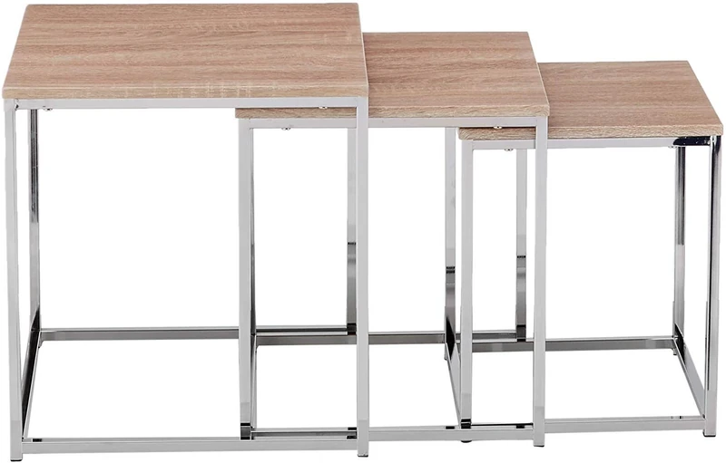 HAKU Möbel Set of 3 End Tables Chrome, Light Oak, Mdf, Metal - Size: W 29/34/39 cm X H 36/39/42 cm X D 29/34/39 cm, Style: Modern