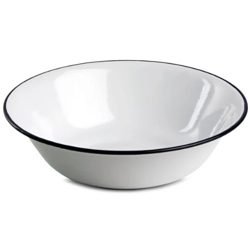 Blue Rim Enamel Bowls White 16cm - Case of 12 | Enamel Tableware, Enamel Crockery, Enamel Dishes, Enamel Camping Bowls, Enamel Cereal Bowls