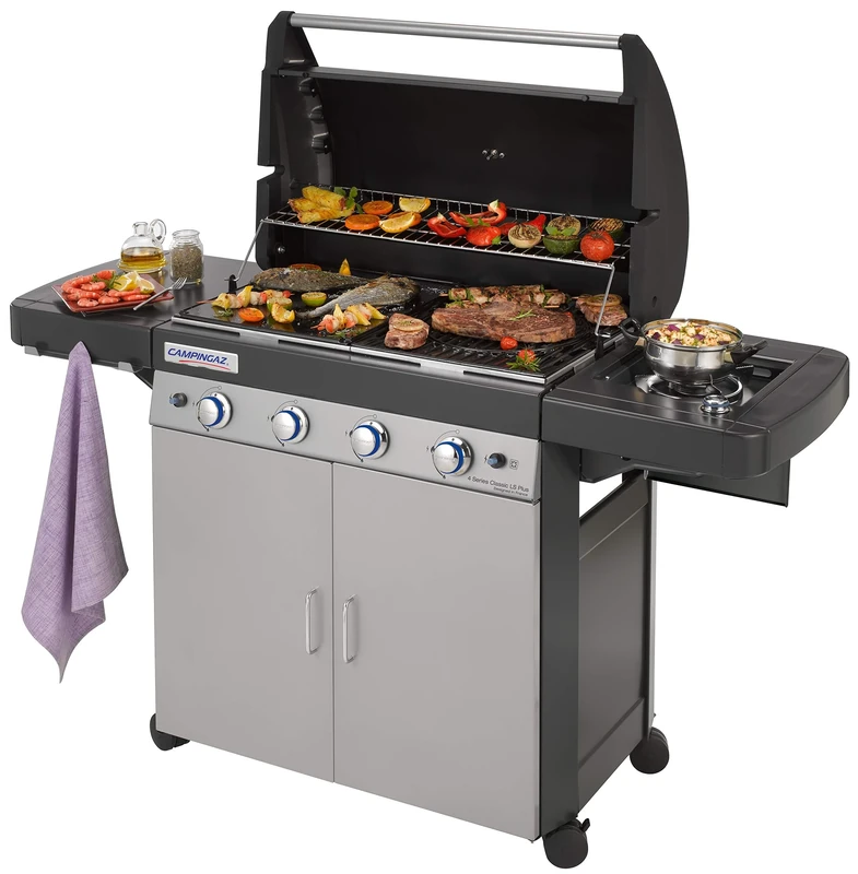 Campingaz 4 Series Classic LS Plus Gas BBQ 4 Burner Gas Barbecue Grill 12.8 KW Power Instaclean Easy Cleaning System Cast Iron Grid and Griddle with Side Burner, Black/Grey, 160 x 59.8 x 115.6 cm
