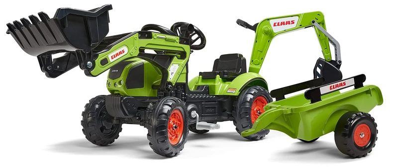 Falk - Claas pedal tractor with excavator and trailer - For ages 2 and up - Made in France - Front shovel and articulated excator - Directional steering wheel with horn - 2040N