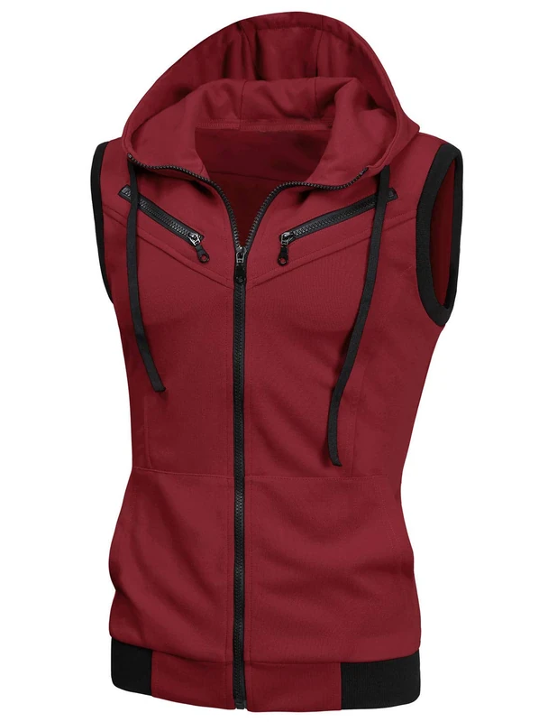 sourcing map Men's Sleeveless Slim Fit Hoodie Vest Zipper Drawstring Gilet Jacket with Pockets Burgundy L