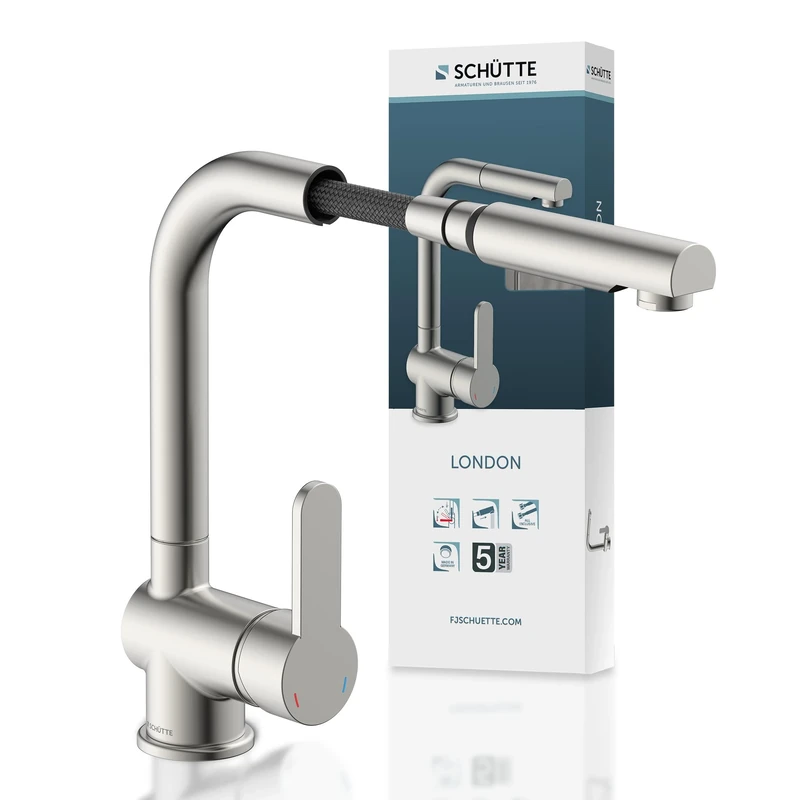 SCHÜTTE London Kitchen Tap with Extendable Dish Rinser 360 Degree Swivel Kitchen Mixer Tap with Single Lever Mixer Tap, Stainless Steel Look, Stainless Steel, 29.8 cm