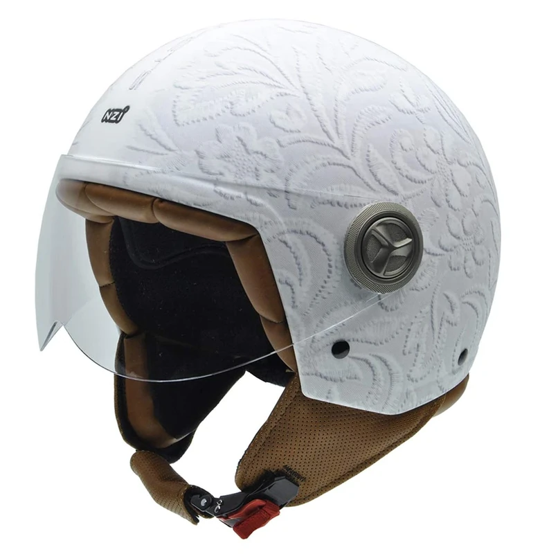 NZI 490004G327 3D Vintage II Open Face Motorcycle Helmet, White Brocade Fabric Picture, XL