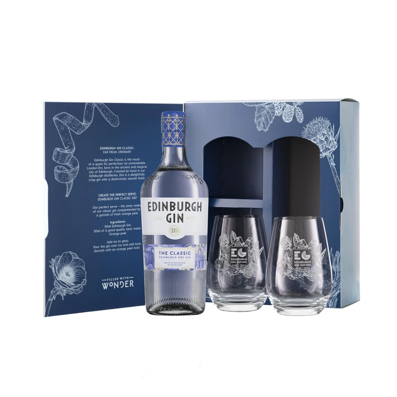 Edinburgh Gin Classic Gin Gift Set with 2 Glasses - 70cl