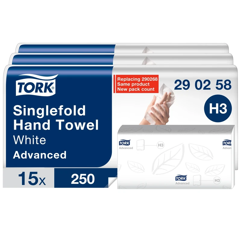 Tork Soft Singlefold Paper Hand Towels White H3, Advanced Folded Towels for Commercial Dispensers, Absorbent, Tear Resistant, 2-Ply, 15 x 250, 290258