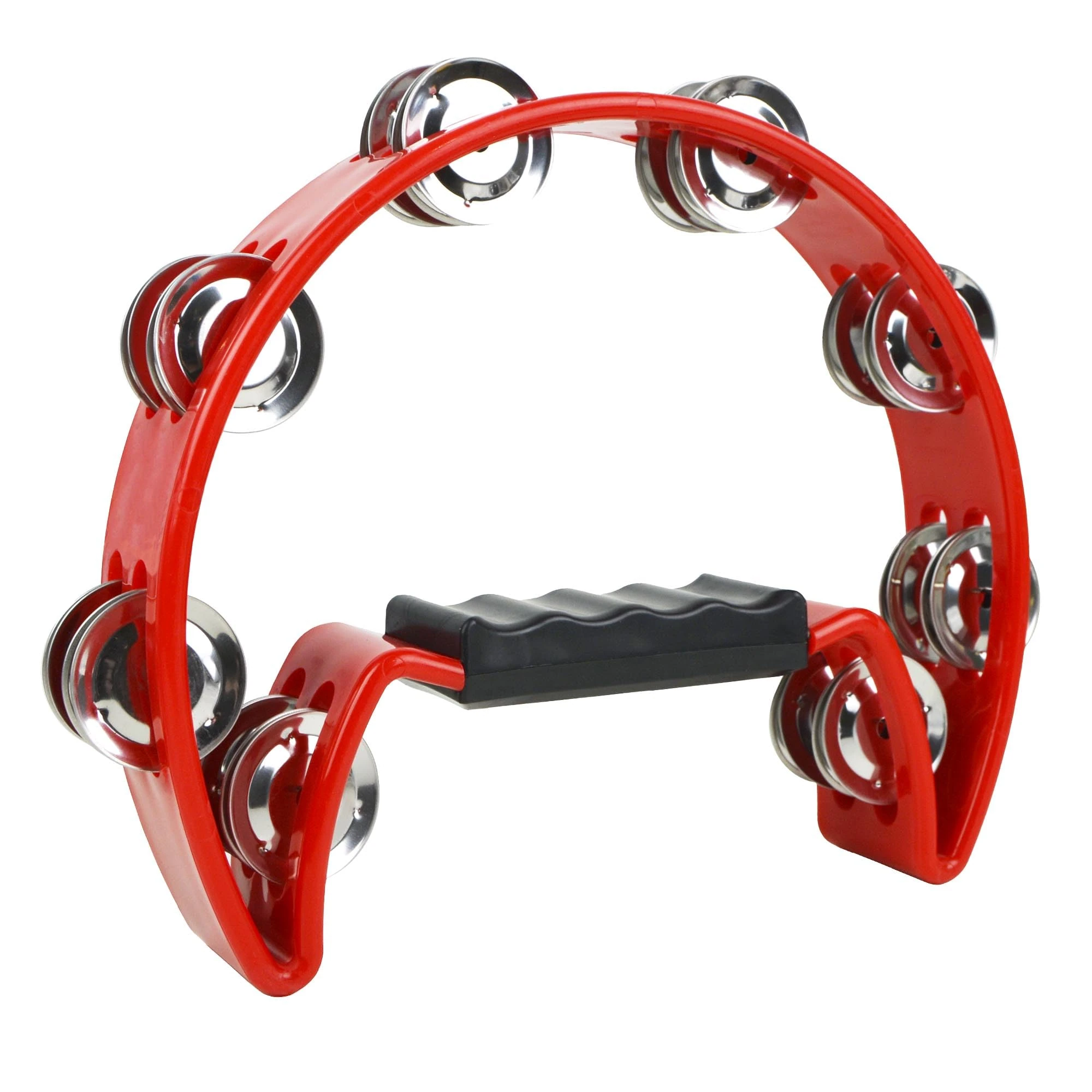 A-Star Half Moon Tambourine, Double Jingle Bell Cutaway with Ergonomic Grip Handle - Singers, Bands, Musicians, Music Classes - Red
