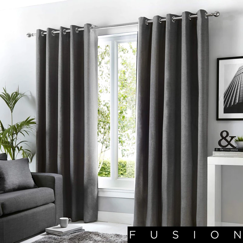 Fusion Sorbonne Dark Grey Eyelet Curtains – W66 x L90" (168x229cm) – 100% Cotton – Thermal Lined Drapes – 2 Panels – Charcoal Door Curtains – Bedroom/Living Room Window Treatment – Modern Style