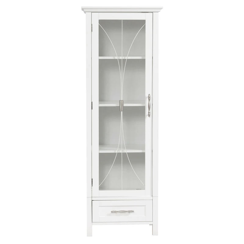 Teamson Home Delaney Bathroom Wooden Free Standing Tall Slim Linen Storage Cabinet Tower White 7961 With Glass Panel Door - Image 1
