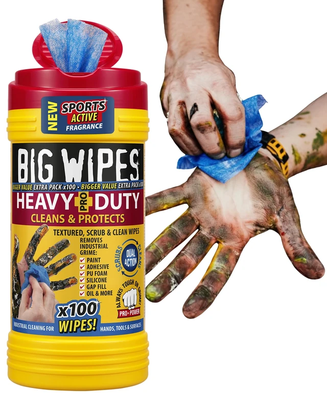 Big Wipes Heavy Duty Pro+ Hand Wipes – Textured Dual-Sided Cleaning Wipes for Paint, Grease, Oil - Industrial Cleaning Products for Tools & Surfaces - Heavy Duty Hand Cleaner - Dispenser Tub x100