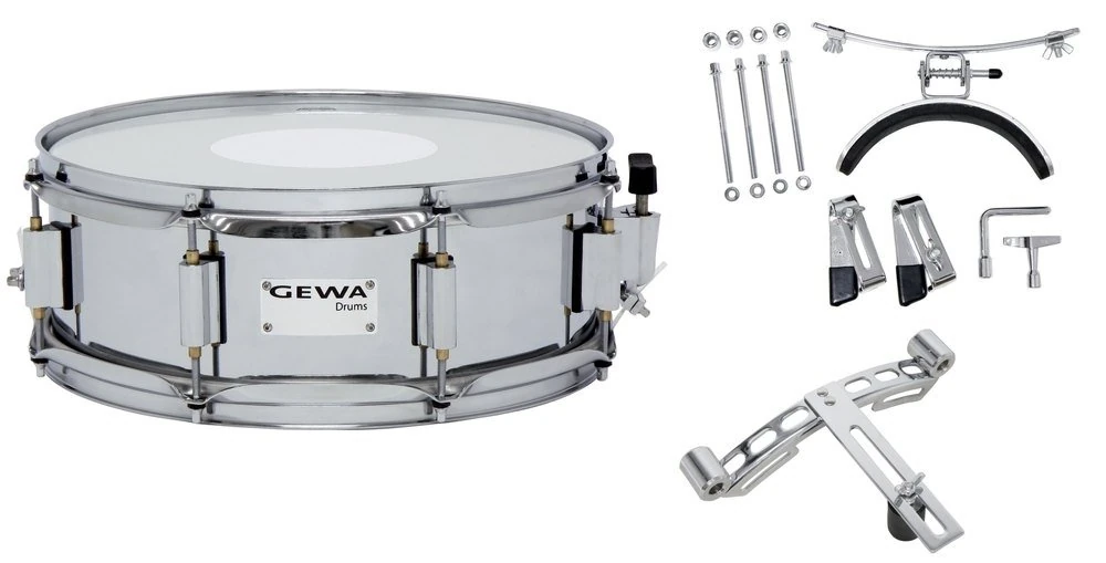 GEWA marching drum small, chrome steel shell with red historical hoop, 13 x 5", 8 tension rods, Remo USA heads, incl. vent plate and knee rest