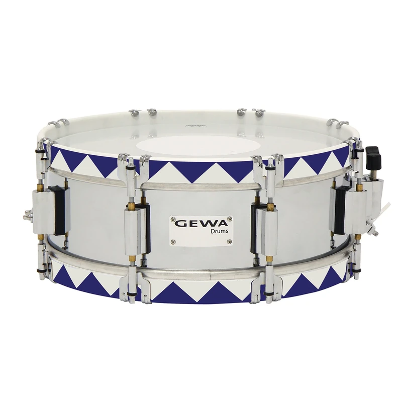 GEWA marching drum small, chrome steel shell with blue historical hoop, 13 x 5", 8 tension rods, Remo USA heads, incl. vent plate and knee rest
