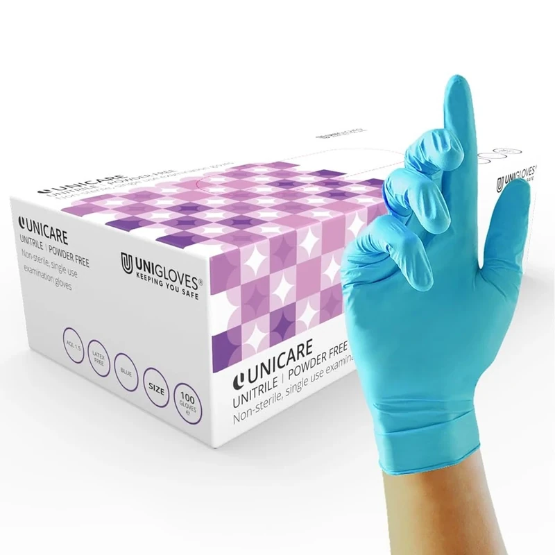 Unigloves Unitrile GS0052 Medical Grade Examination Gloves - Powder and Latex Free Disposable Gloves, Box of 100 Gloves, Blue, Small