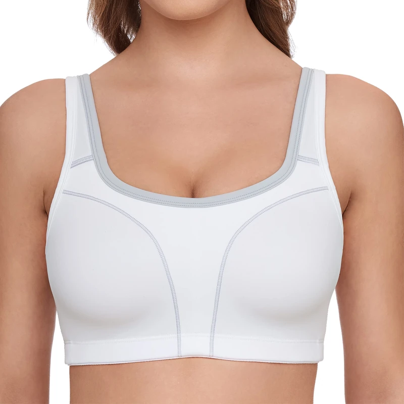 Susa Women's High Support Sports Bra Without Underwire with Preformed Cups I Sports Crop Top Bra with Grey Border I Strong Hold I Sweat-Resistant, White (White-Grey 238), 40B