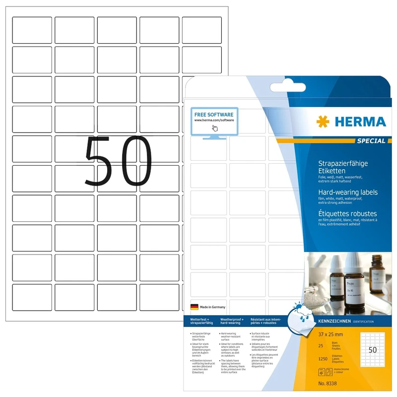 HERMA Self Adhesive Film Labels, 50 Labels per A4 Sheet, 25 Sheets, 37 x 25 mm, 1250 Labels, Blank Weatherproof Labels Stickers, Sticky Labels for Laser & Inkjet Printer, White