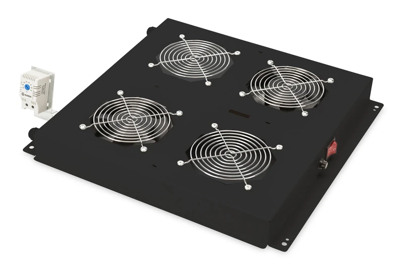 DIGITUS roof fan unit for 19-inch network cabinet – 2 fans – thermostat – air flow rate 4.6 m³ per minute – for Unique, Unique Light and Server-N series – black