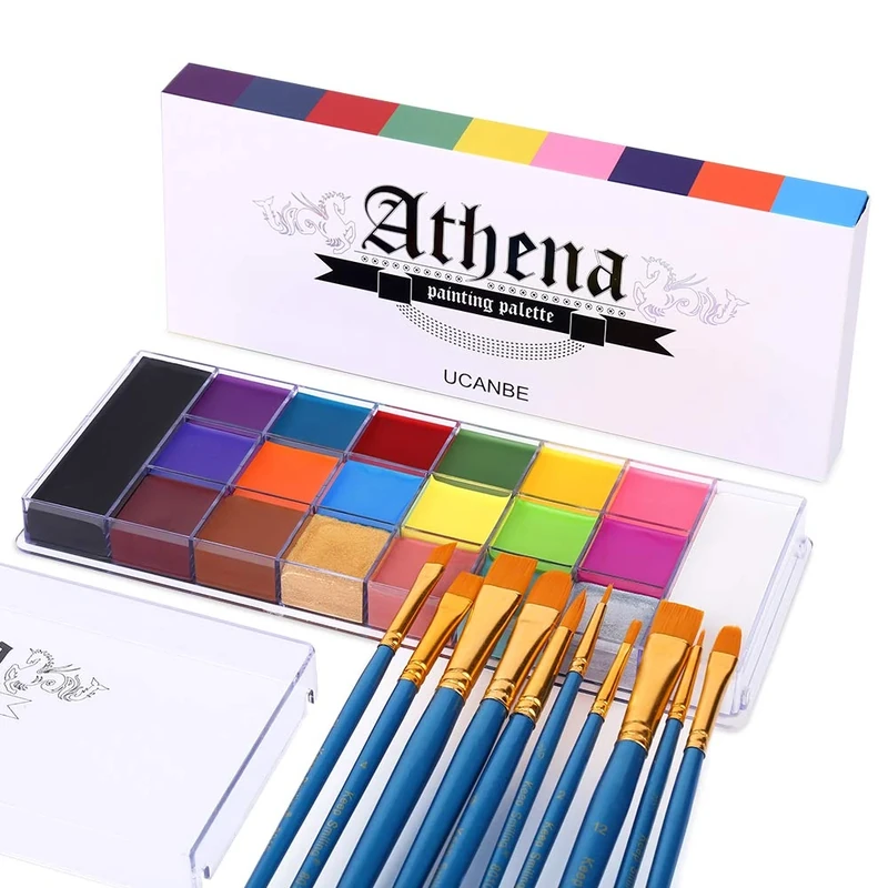UCANBE Face Body Paint Set - Athena Painting Palette, 10 Professional Artist Brushes - Large Deep Pan,Ideal for Halloween Cosplay Party SFX Arty Stage Makeup, Non-Toxic Facepaints for Adults and Kids
