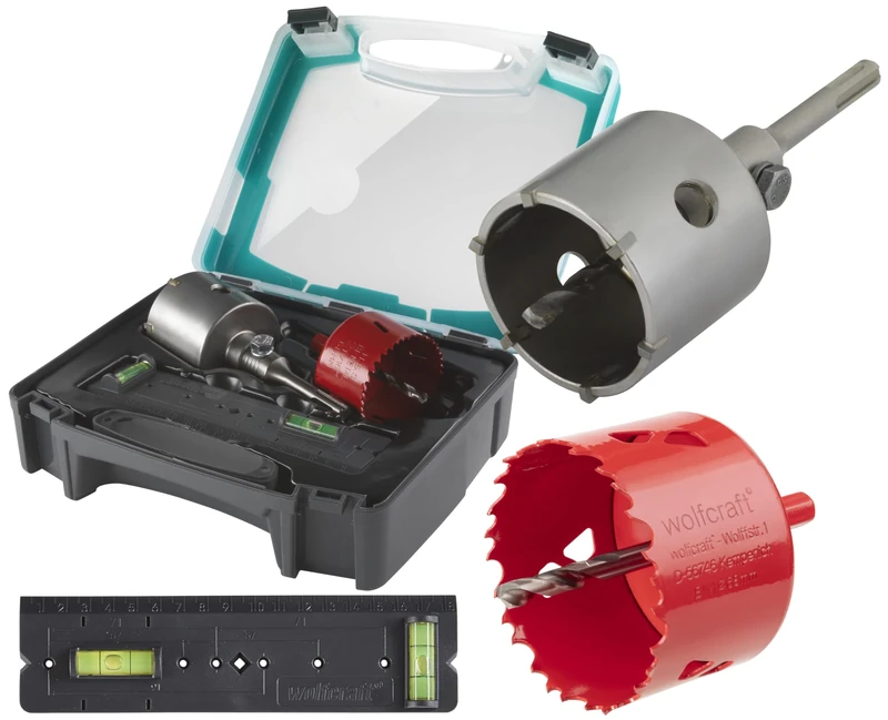 wolfcraft "Universal" Hole Saw Set, 3 Pcs. I 5982000 I For Ø 68 mm drilled holes in concrete, brick walls, stone, wood, plastic, metal, insulating boards and drywall